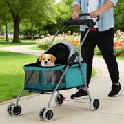 NiamVelo Dog Stroller Folding Pet Stroller Cat Stroller with 4 Wheels Portable Doggy Stroller with Cup Holders, Teal