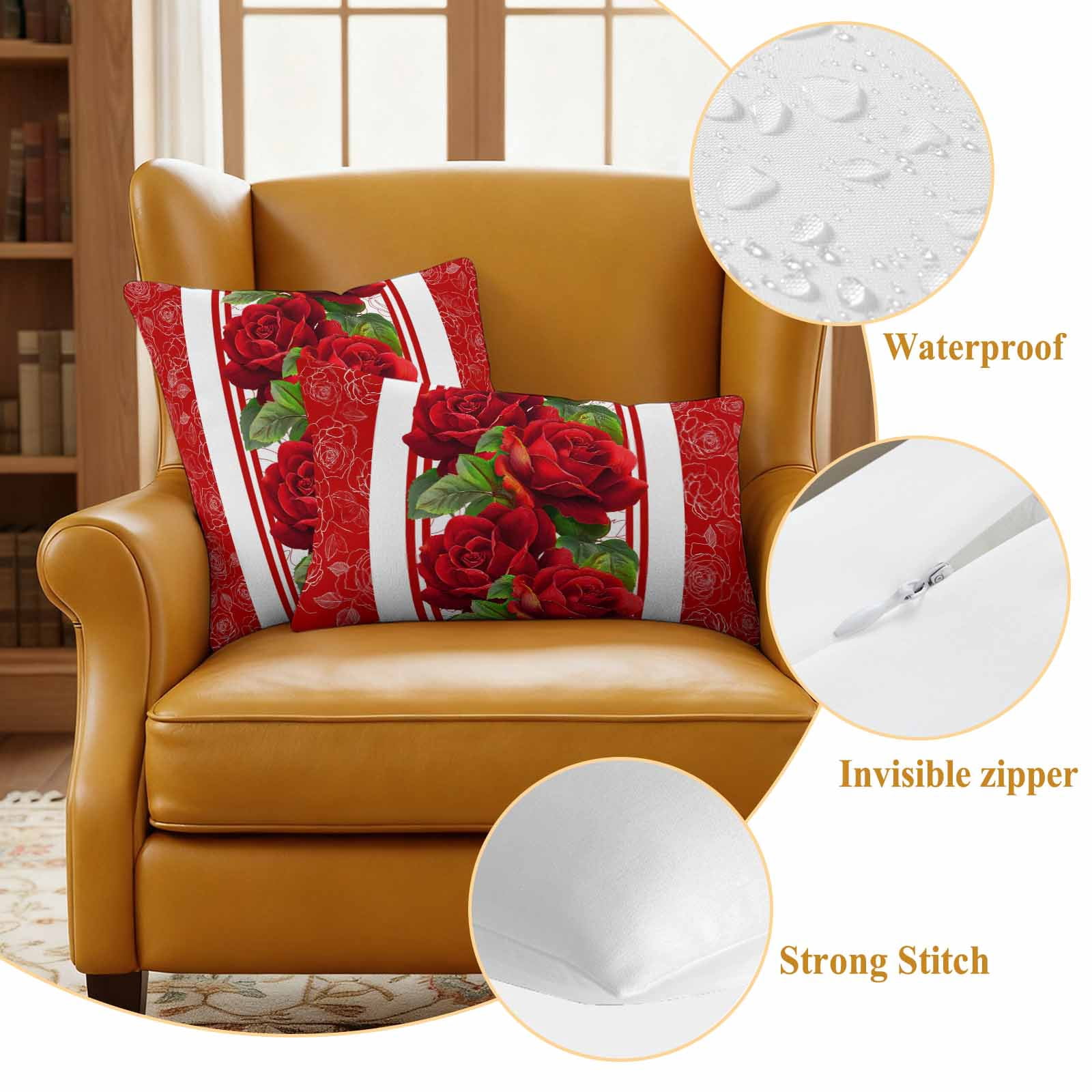 Valentine's Day Outdoor Waterproof Pillow Covers, Red Roses Floral Romantic Striped Decorative Square Throw Pillowcase Sofa Cushion Sham for Patio/Couch/Chair, 20"x20" 2 Pack