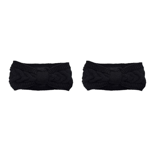Qarigey Diademas tejidas a prueba de viento, envoltura elástica para la cabeza, calentador de orejas anchas y cálidas, diadema, accesorios Negro 2piezas