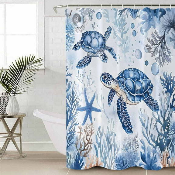 Summer Beach Coastal Bathroom Curtain 72 Inch Shower Curtain with Hooks, Sea Turtle Coral Nautical Waterproof Polyester Bath Curtain Washable Bathtub Curtain 48''x 72''
