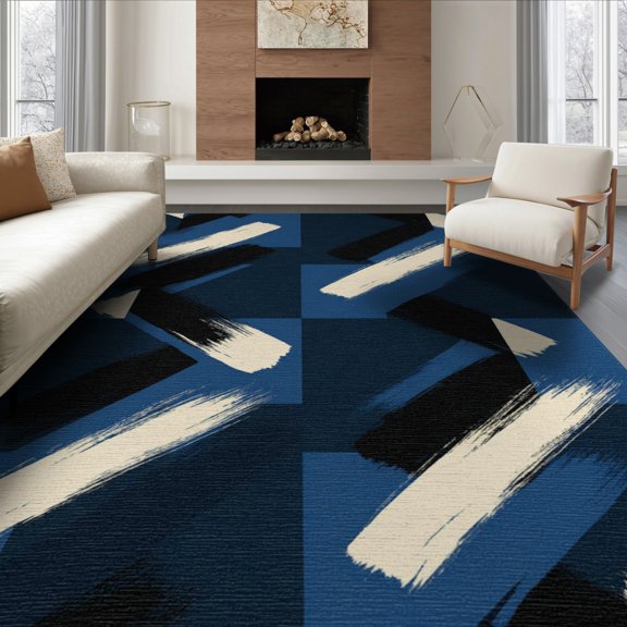 ODIKA 8'x10' Washable Area Rug Navy Covering Bold Contemporary Motif Overlapping Pile Large for Dining Room, Office, Lounge, Non-Slip Chair-Friendly Mat