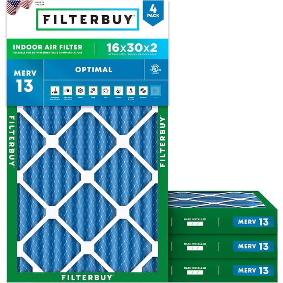 Filterbuy 16x30x2 Air Filter MERV 13 Smoke Defense, Pleated HVAC AC Furnace Filter Replacement, 4-Pack