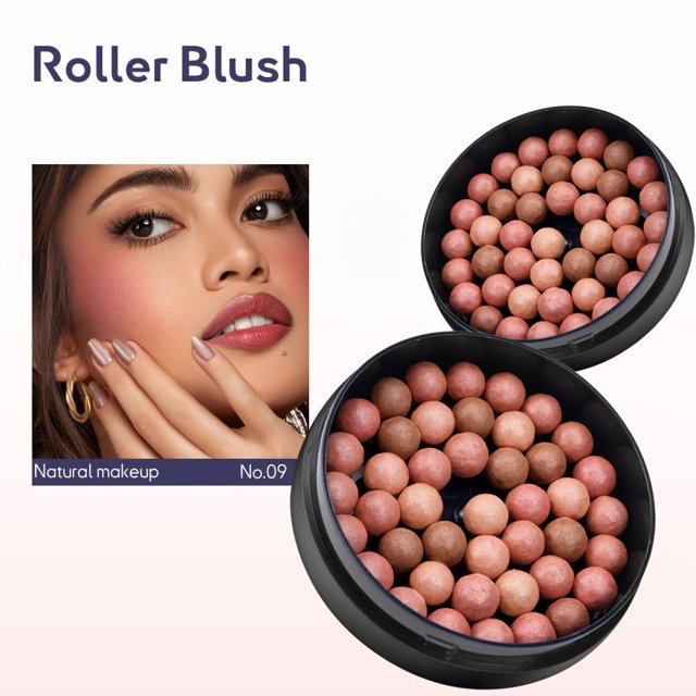 rubor en roll-on - rubor para un color de mejillas natural y duradero Vista 3/4 de dos estuches redondos negros abiertos con perlas de rubor en tonos rosado y melocotón; recuadro con modelo mostrando mejillas sonrosadas tras aplicación. Diseño compacto adecuado para uso diario y viajes cortos.