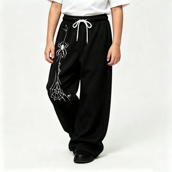 CUZIBR Kids Baggy Sweatpants Boys Wide Leg Athletic Joggers Pants With Pocket Spider Graphic Drawstring Elastic Waist Cozy Workout Active Trousers,Black,6-7 Years