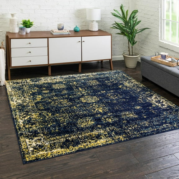 Unique Loom Sofia Collection Area Rug - Casino (8' Square Navy Blue/Yellow)