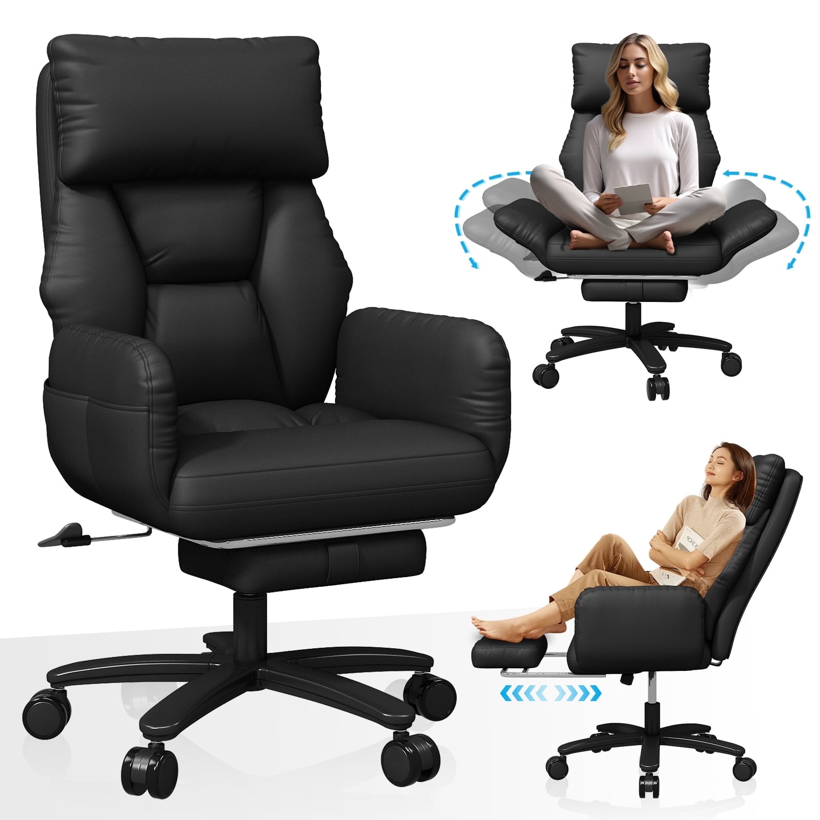 iooHug Criss Cross Office Chair, Big and Tall 500lbs High Back Faux Leather Desk Chair with Footrest, Wide Seat Cross-Legged Reclining Chair with Reversible Armrests and Lumbar Support, Black