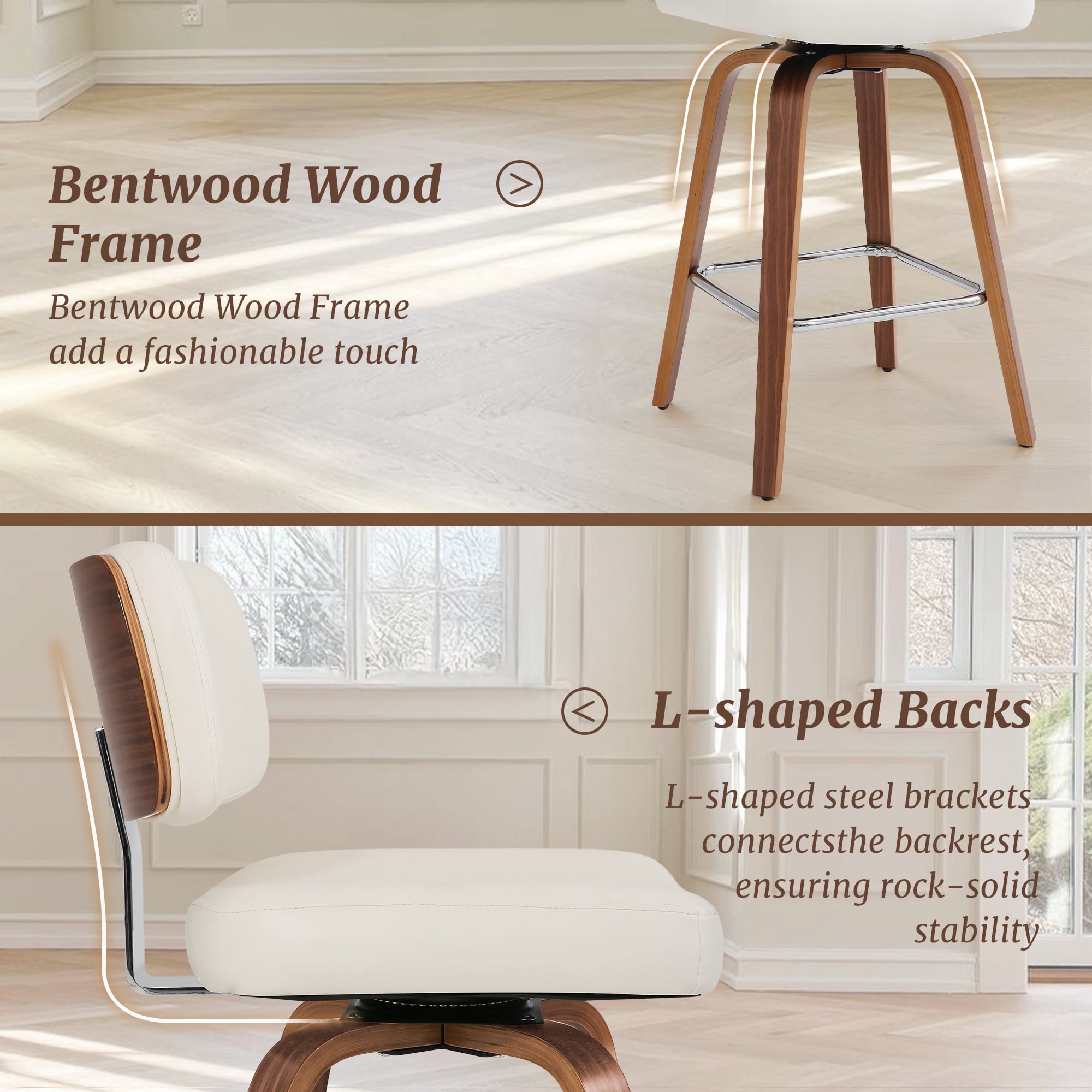 Dycanpo 26"H Counter Height Bar Stool Set of 3 with Back PU Leather for Home Kitchen, White