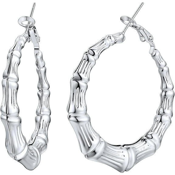 ChainsHouse Bamboo Hoop Earrings for Women Silver Hypoallergenic Chunky Earring Stainless Steel Birthday Christmas Anniversary Jewelry Gift