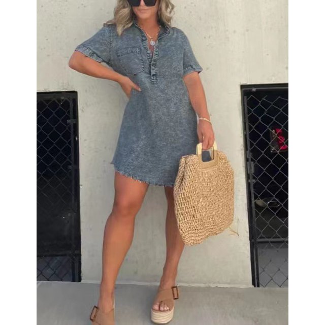 Vestido camisero vaquero azul para mujer, Vestido camisero Vintage elegante, ropa de calle informal de gran tamaño, minivestido S-5XL 2023