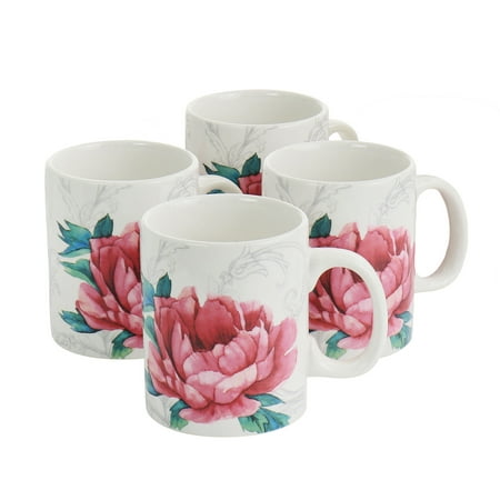 Martha Stewart Everyday Peony 4 Piece 16 Ounce Fine Ceramic Mug Set in White and Pink