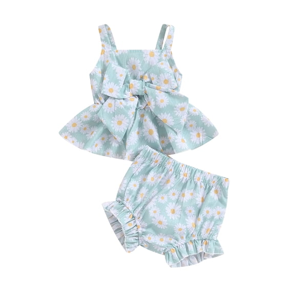 Aojekbee Baby Girls Summer Shorts Sets Sleeveless Daisy Print Bow Cami Tops PP Shorts Sets