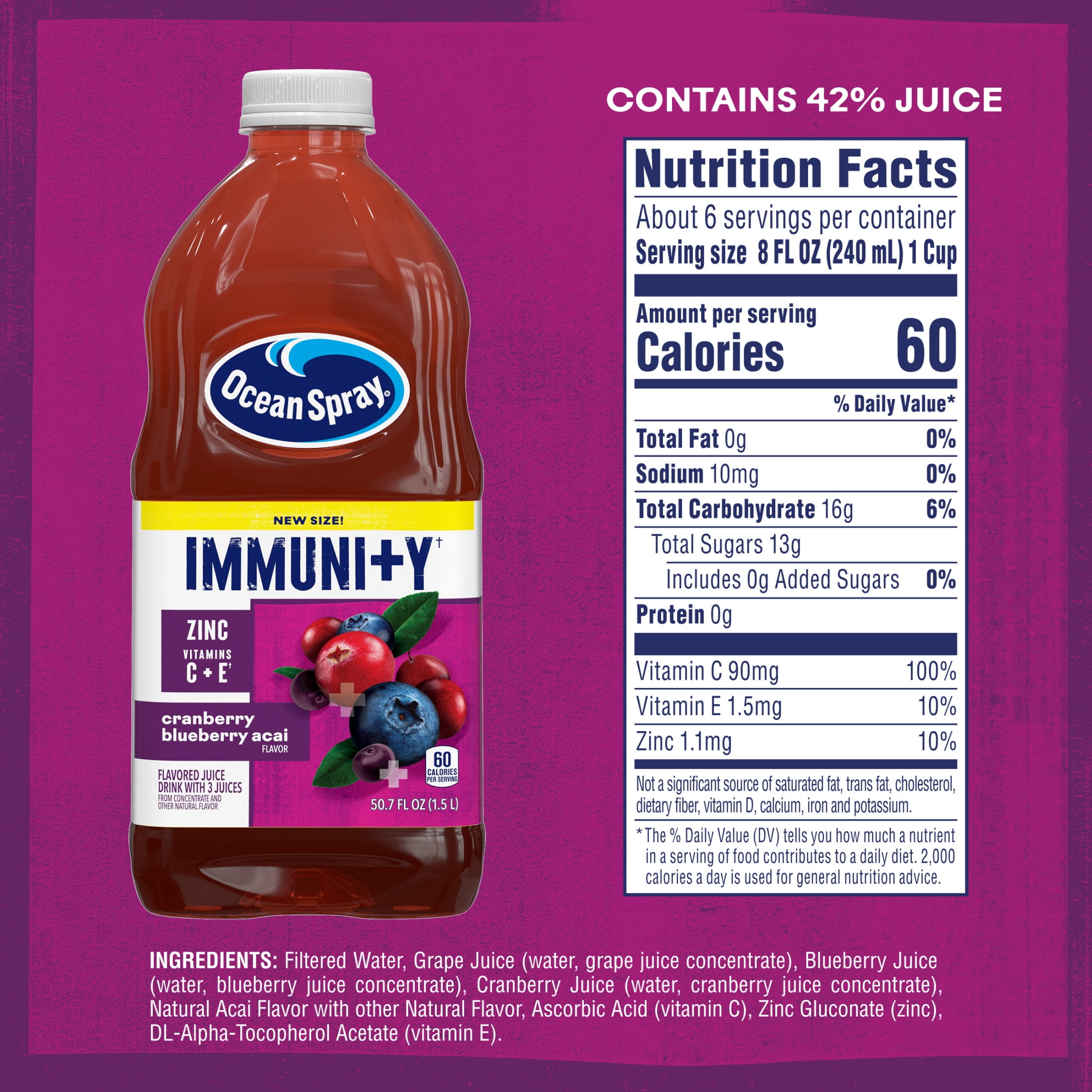 (2 pack) Ocean Spray® Immunity Cranberry Blueberry Acai Flavored Juice Drink, 50.7 Fl Oz Bottle