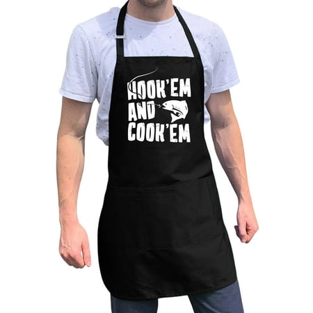 

ApronMen Funny Aprons For Men - Hook em and Cook em Fishing Apron - 100% Cotton with Pockets - Black