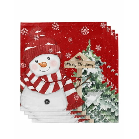 

Red Christmas Cloth Napkins Set of 4 Funny Snowman Xmas Tree Snowflake Snowscape Washable Reusable Dinner Cocktail Napkin for Kitchen Party Wedding Banquet Holiday Baby Shower Table Decor