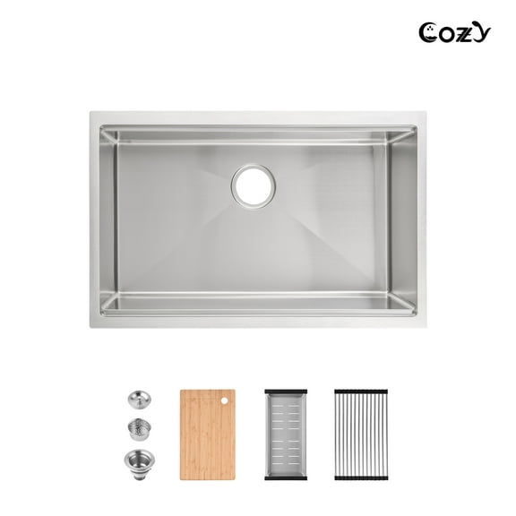 30″x19″ Stainless Steel Kitchen Sink, Single Bowl, Undermount Handmade Sink in Brushed, with Cutting Board, Colander, SS-BR07D-301908