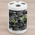 thumbnail image 1 of Plant Ceramic Toothbrush Holder, Basalt Stones with Bamboo Leaves Sticking Water Droplets Harmony of Nature, Decorative Versatile Countertop for Bathroom, 4.5" X 2.7", Dark Taupe Lime Green, 1 of 4