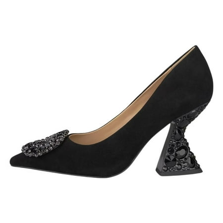 YDN Women Rhinestone Studded Buckle Pumps Slip On Crystal Chunky High Heels Closed Pointed Toe Office Shoes Size 4 Black
