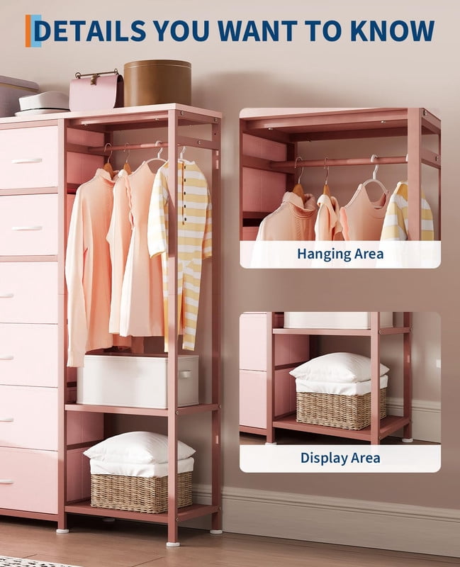 TROPOW Tall Dresser for Bedroom with 16 Drawers & Clothes Rack & 2 Storage Shelves, Fabric Dressers & Chests of Drawers, Large Closet Dresser for Storage and Organization