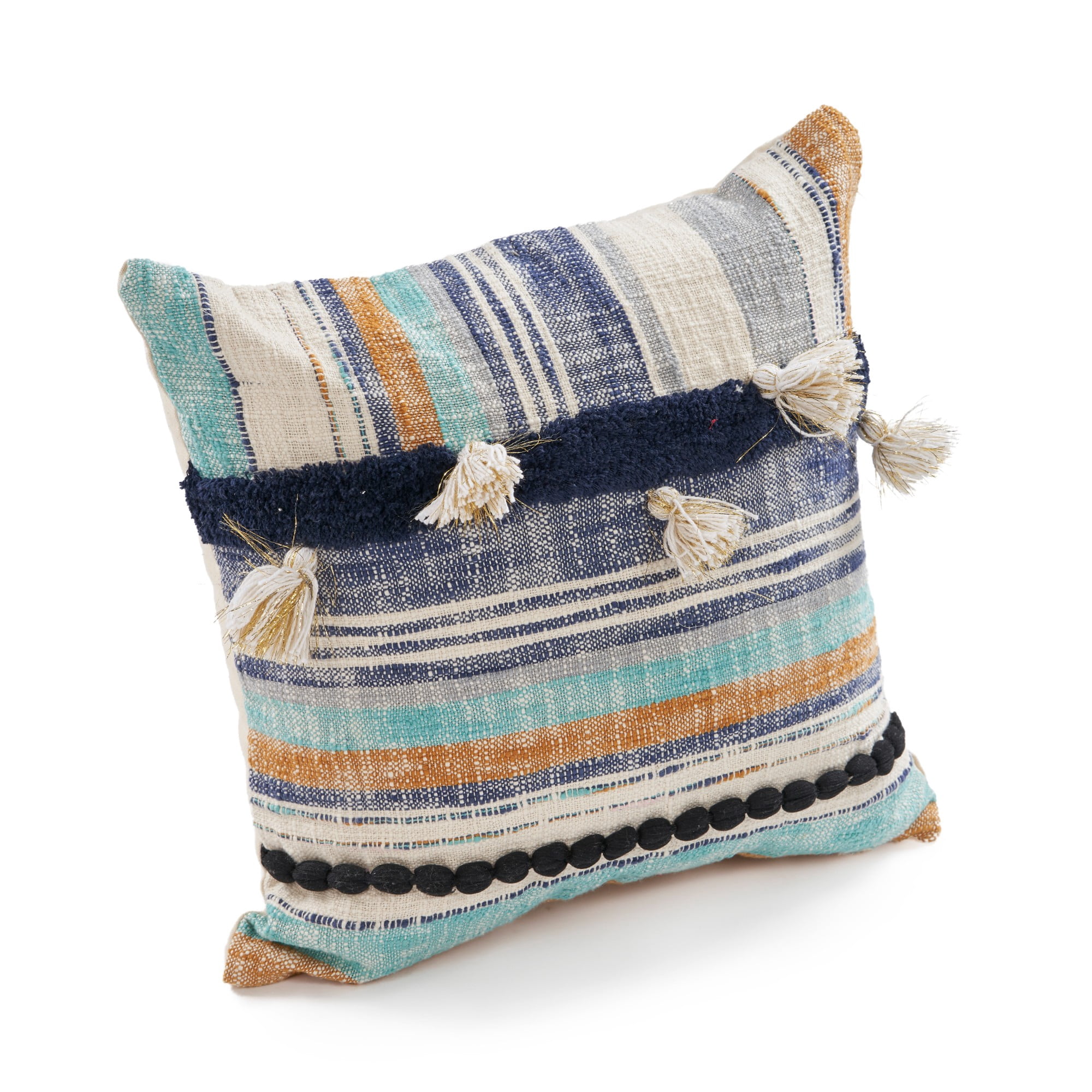 Laddha Home Designs Handwoven Coastal Geometric Striped Square Throw Pillows - 18" - Blue and Tan -