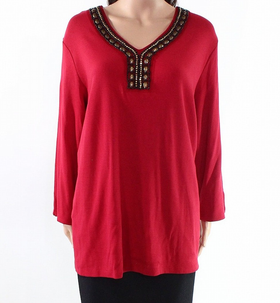 Rafaella - Rafaella NEW Red Women's Size 3X Plus Embellished V-Neck ...