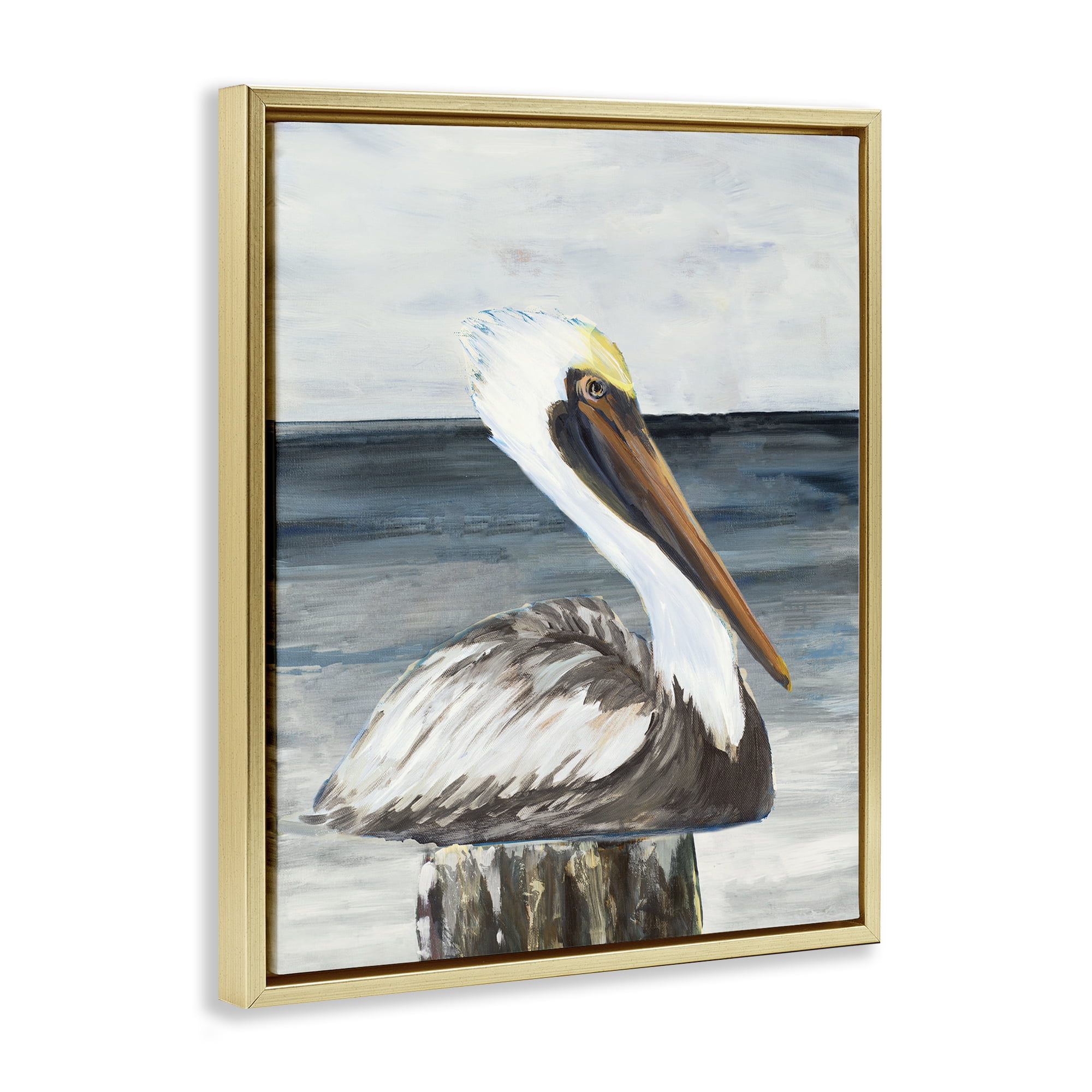 Stupell Industries Resting Beach Pelican Animals & Insects Painting Gold Floater Framed Canvas Art Print Wall Art, 17 x 21