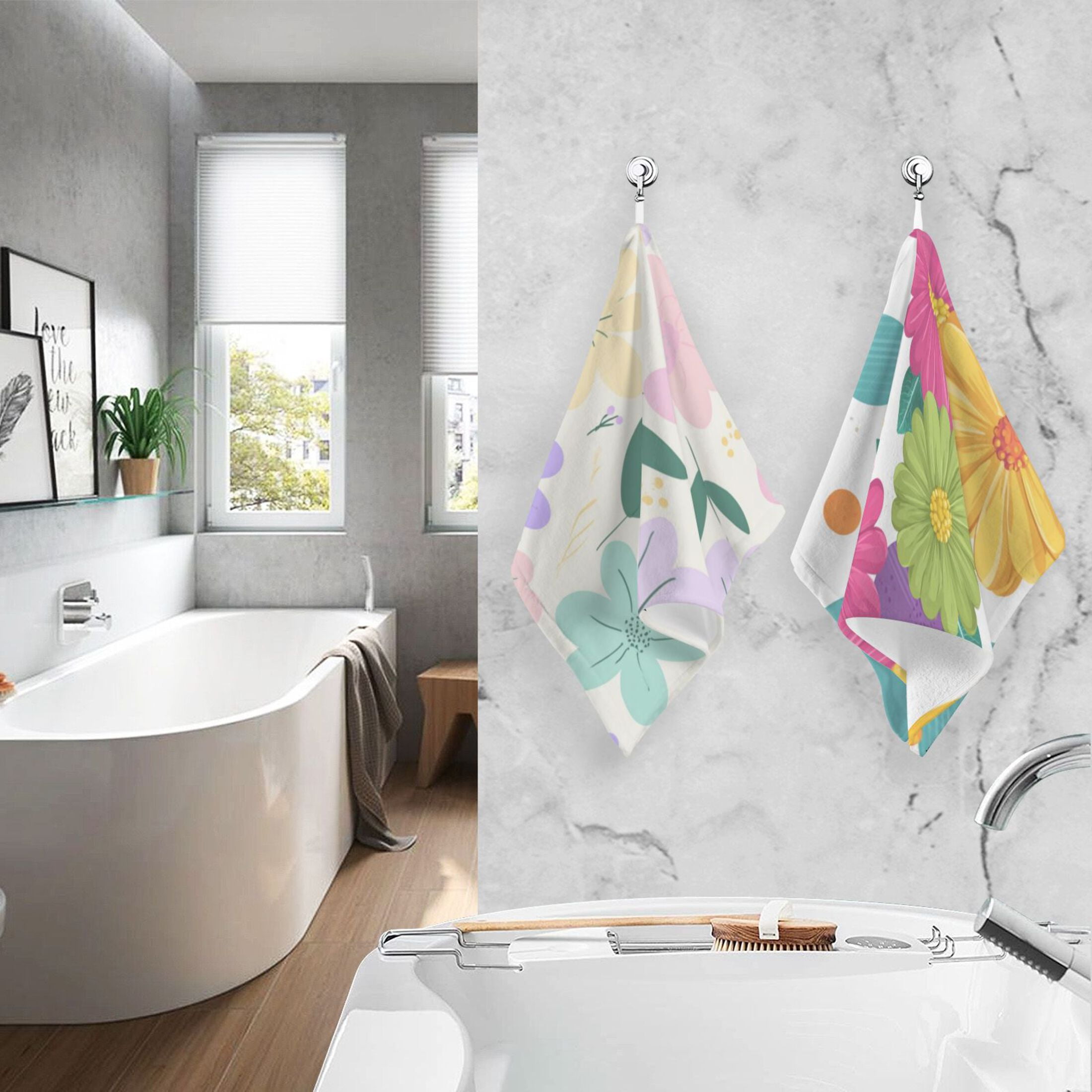 2-Pack Soft 100% Cotton & Highly Absorbent Bath Towel 2 Defferent Pattern Designs Colorful Fowers Colorful Spring Flowers