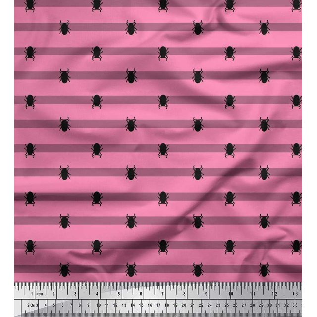 Soimoi Tissu Rose Poly Georgette Rayé & Imprimé Insectes Coléoptères au Mètre 52 Pouces de Large