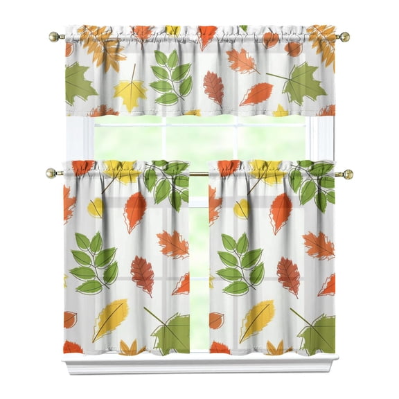 Autumn Aesthetic Kitchen Curtains Set of 3 Fall Leaves and Pumpkins Pattern Farmhouse Tier Panels