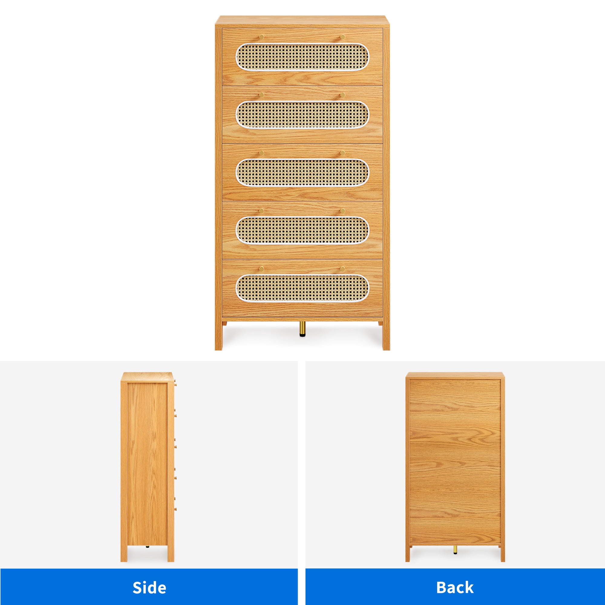 DEXTRUS 5 Drawer Dresser, 47" Tall Rattan Vertical Dresser, 5 Layers Wood Storage Cabinet Chest of Drawers, Oak