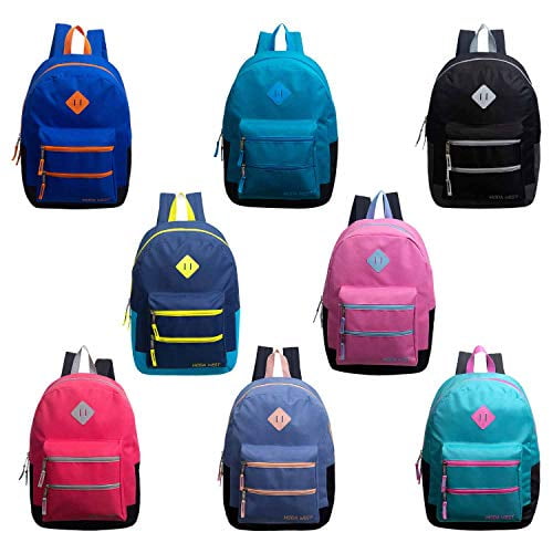 17 Inch Wholesale Basic Bulk Backpacks in 8 Assorted Colors Case of Bookbags 24 Pack 