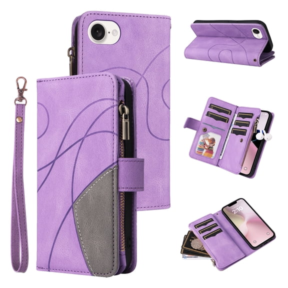 Dteck Wallet Case for iPhone 16e 6.1 Inch, 9-Card Holder Soft PU Leather Magnetic Flip Shoulder Strap Zipper Pocket Phone Case Fit for iPhone 16e,Purple