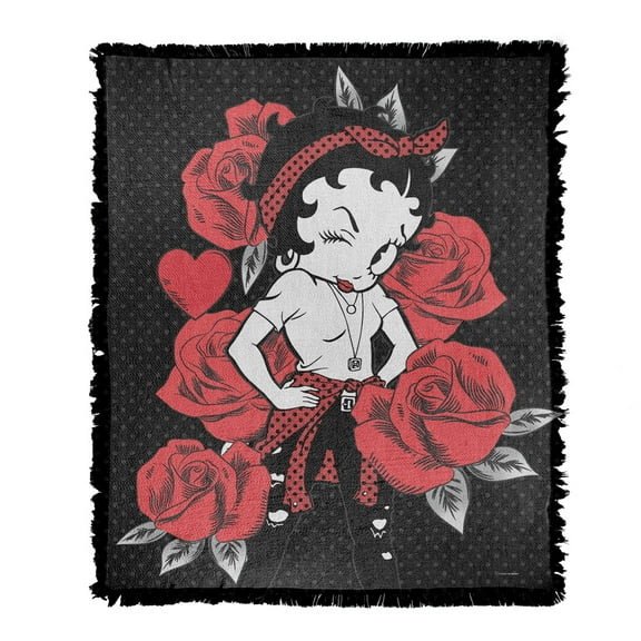 Betty Boop Blanket, 50"x60" Romantic Roses Woven Tapestry Cotton Blend Fringed Throw Blanket