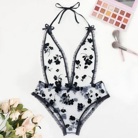 

Women s One Piece Babydoll Sleepwear Teddy Bodysuit Mesh Lingerie Black L
