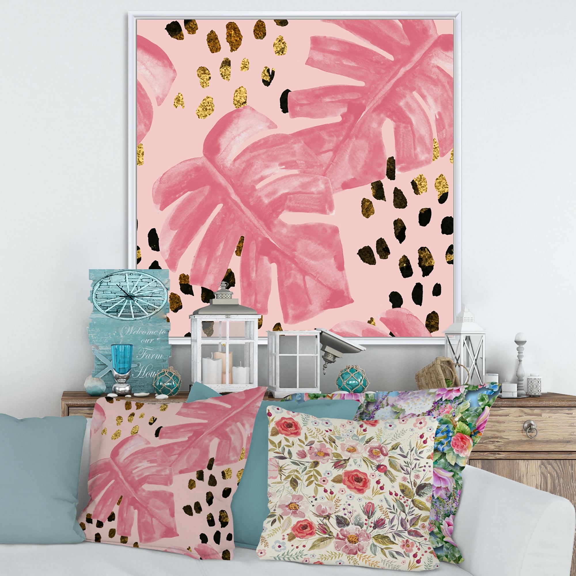 Designart 'Rough Brush Strokes Pink Colored Monstera I' Tropical Framed Canvas Wall Art Print