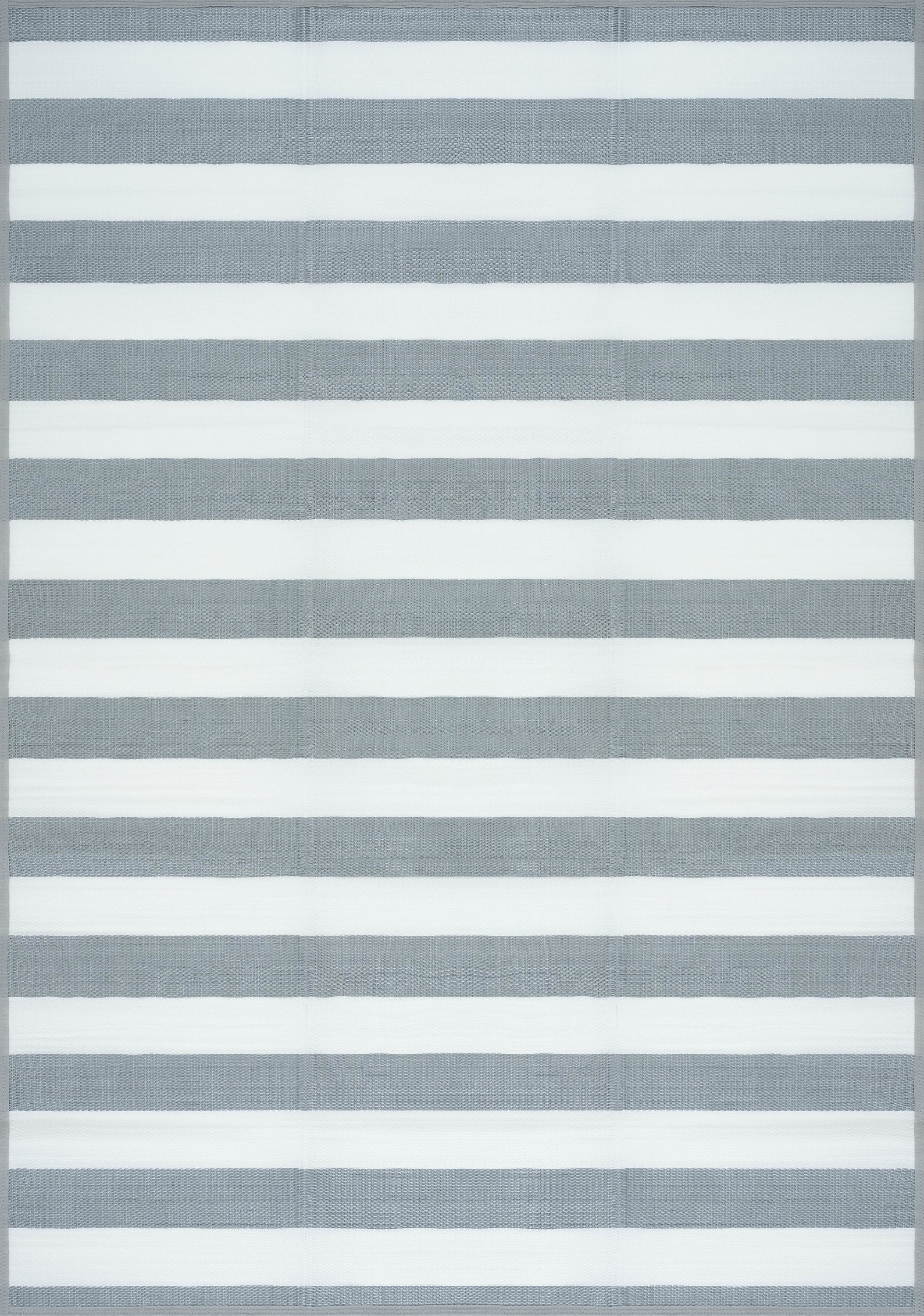 Luna Contemporary Stripe Gray and White Polypropylene Reversible Plastic Straw Outdoor Area Rug, 4' x 5'11'' Rectangle