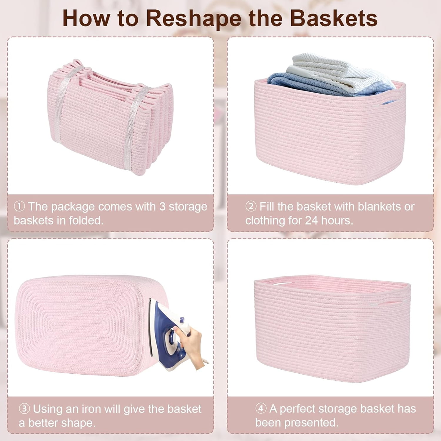 Natubeau 3 Pack Woven Storage Basket for Shelves, Cotton Rope Storage Bins for Toys Books, Storage Baskets for Organizing, 14.96"X9.8"X8.85", Pink