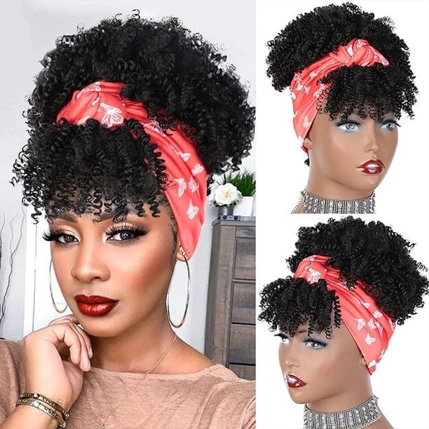 Peluca de cabello sintético para mujer, pelo corto negro Afro rizado con flequillo, turbante azul, envoltura de cabeza