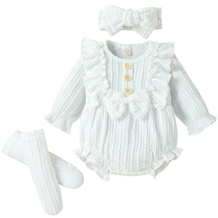 

Calsunbaby Newborn Infant Baby Girl Onesie Ruffle Romper Ribbed Knit Bodysuit Socks Headband 3Pcs Outfits Set 6-9 Months