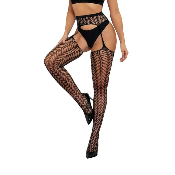 Fauean Fishnet Stockings for Women Socks Diamond Suspender Hollowed out Long Silk Tights Black