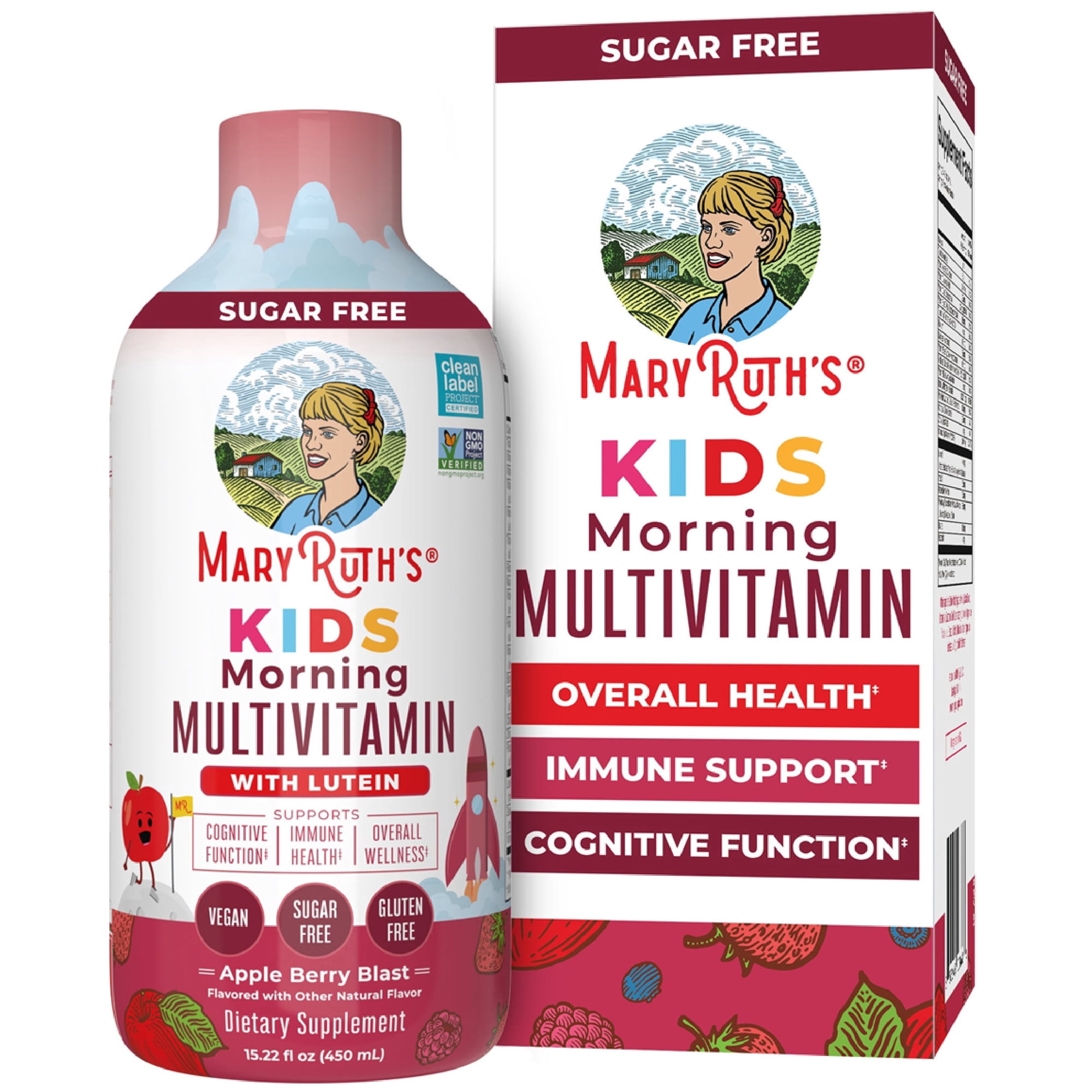 MaryRuth's Liquid Multivitamin with Lutein for Kids 1+, Immune Overall Health, Apple Berry Blast, Sugar-Free, Vegan, Gluten-Free, 15.22 fl oz