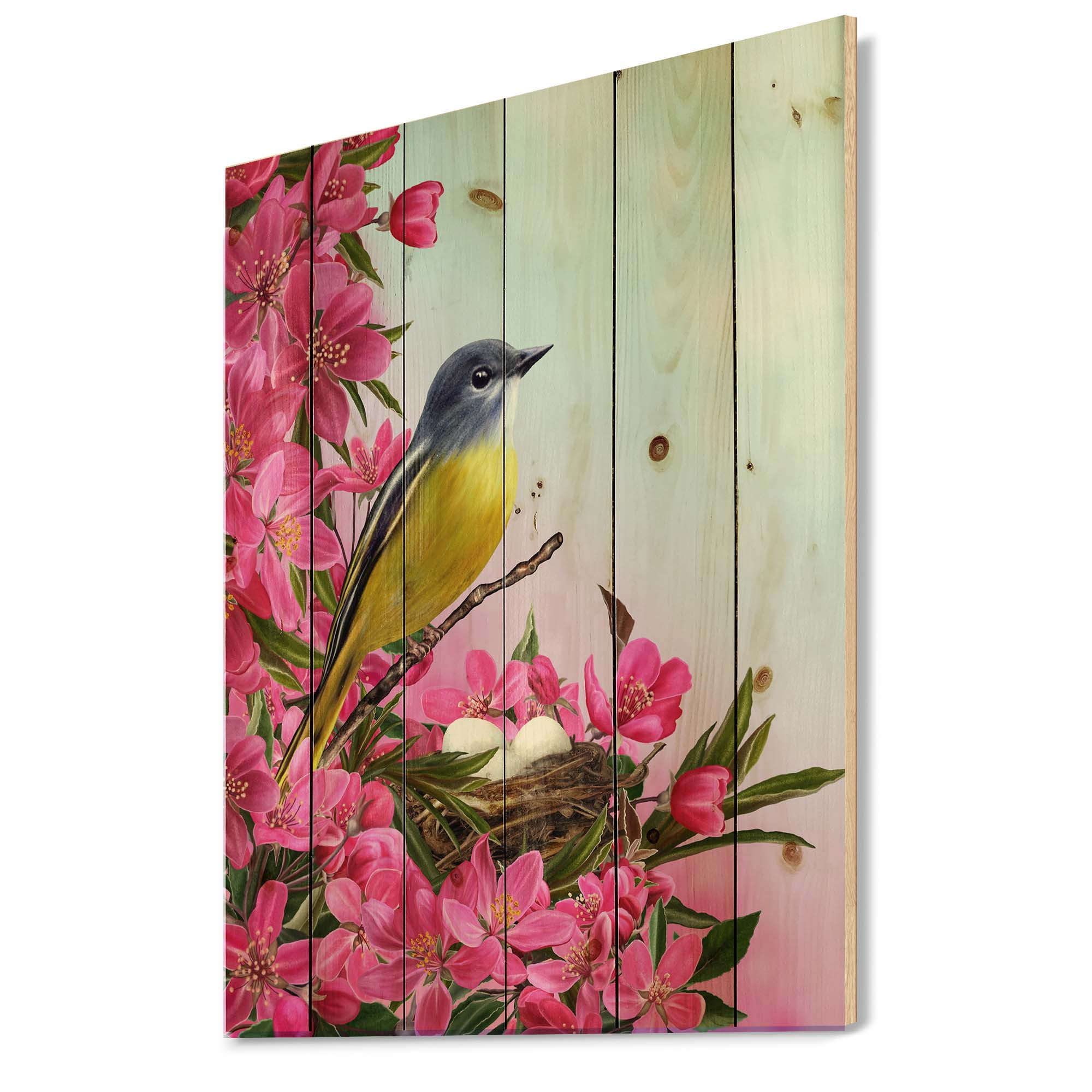 Designart 'Little Yellow Bird Near The Nest with Pink Flowers' Traditional Print on Natural Pine Wood