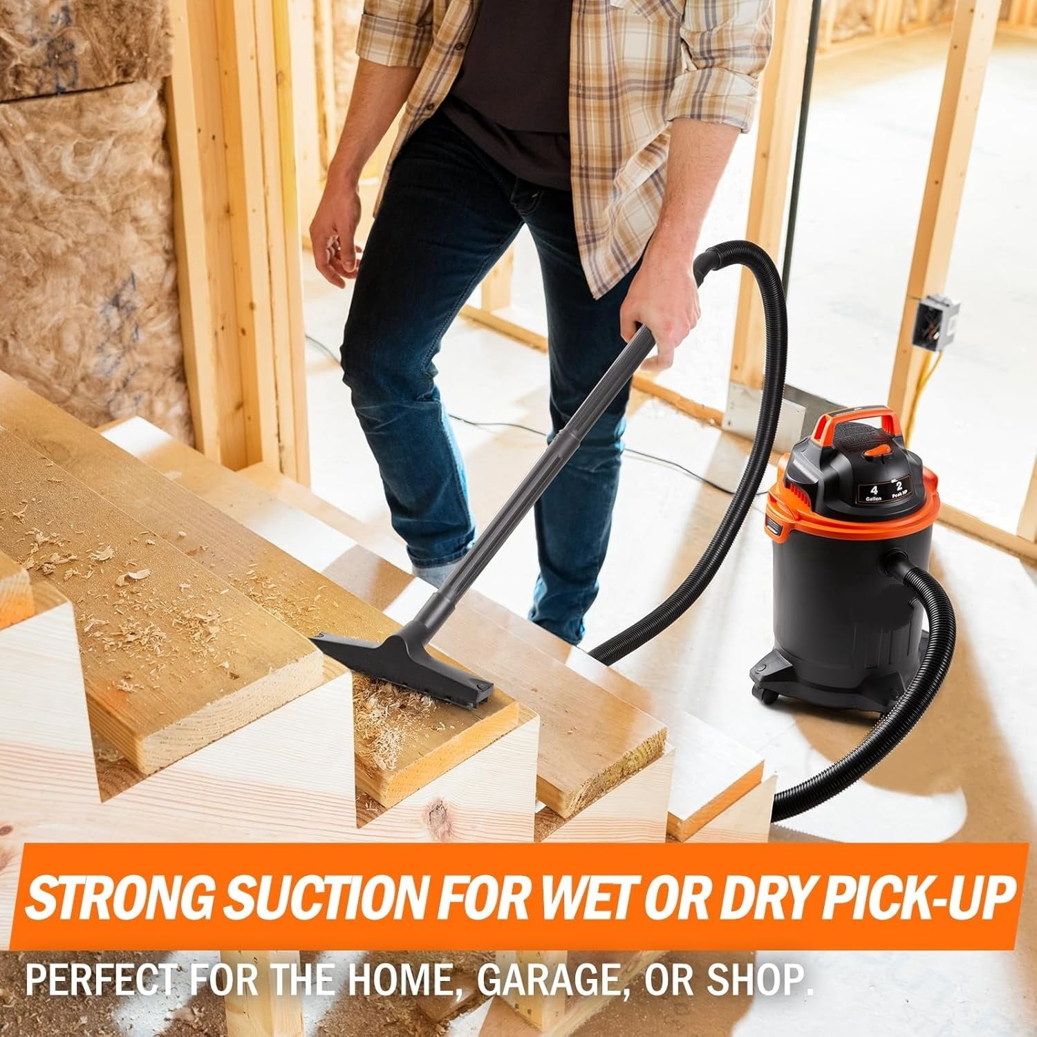4 Gallon Wet/Dry Vac 2.0 Peak HP Shop Vacuum with Nozzles & Brush,Black/Orange