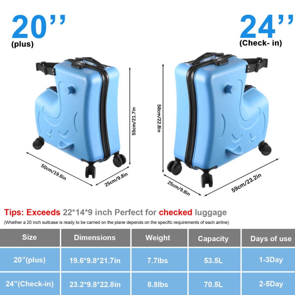 WZTO 20/24inch Kids Ride on Luggage Toddler Luggage Seat,Rolling Luggage with Spinner Wheels ,Suitcase Carry Trolley with Password Lock,with Safety Belt, Airplane Travel
