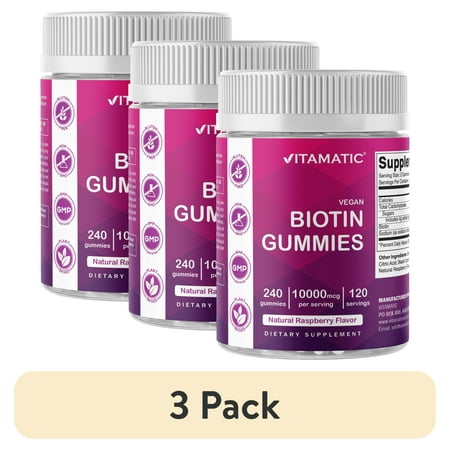 (3 pack) Vitamatic Biotin Gummies 10,000 mcg for Stronger Hair, Skin & Nails - 240 Vegan Gummies - Also Called Vitamin B7