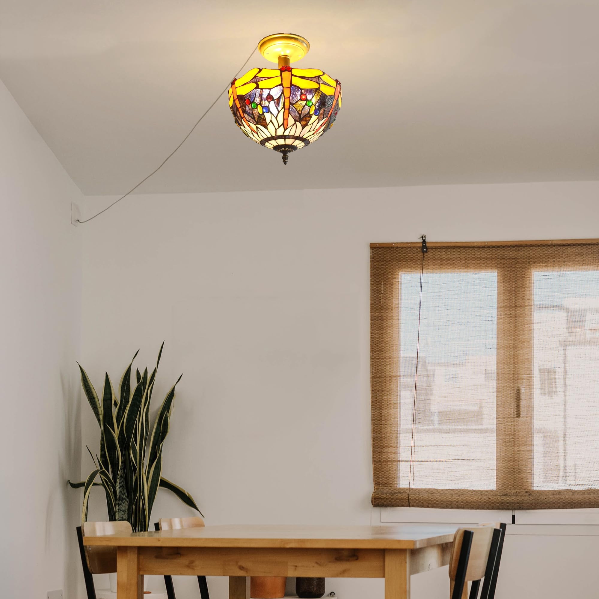 Kiven 11.8in Plug-in Flush Mount Ceiling Light Fixture, 2-Light Anti Glare Close to Ceiling Light with 15FT Cord, Tiffany-Style Glass Chandelier Dimmable for Bedroom Kitchen Hallway(No.3182)