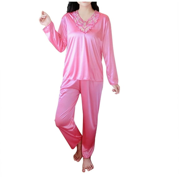Jalioing Womens Satin Pajama Set 2 Piece Long Sleeve Lace V Neck Shirt and Pants Silk Sleepwear Set M-3XL