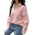 thumbnail image 3 of Womens Quarter Zip Pullover Sweaters Casual Collared V Neck Color Block Long Sleeve Loose Knit Fall Sweater Pink M, 3 of 8