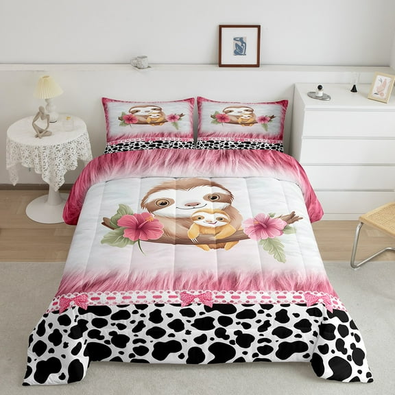 Erosebridal Cute Sloth Bedding Twin Comforter Set, Cow Print Down Comforter, Cartoon Animal Room Decor, 2 Pieces