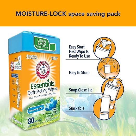 Arm & Hammer Essentials Disinfecting Wipes, Renewing Rain Scent, 6 Pack, 80 Count, 480 Wipes