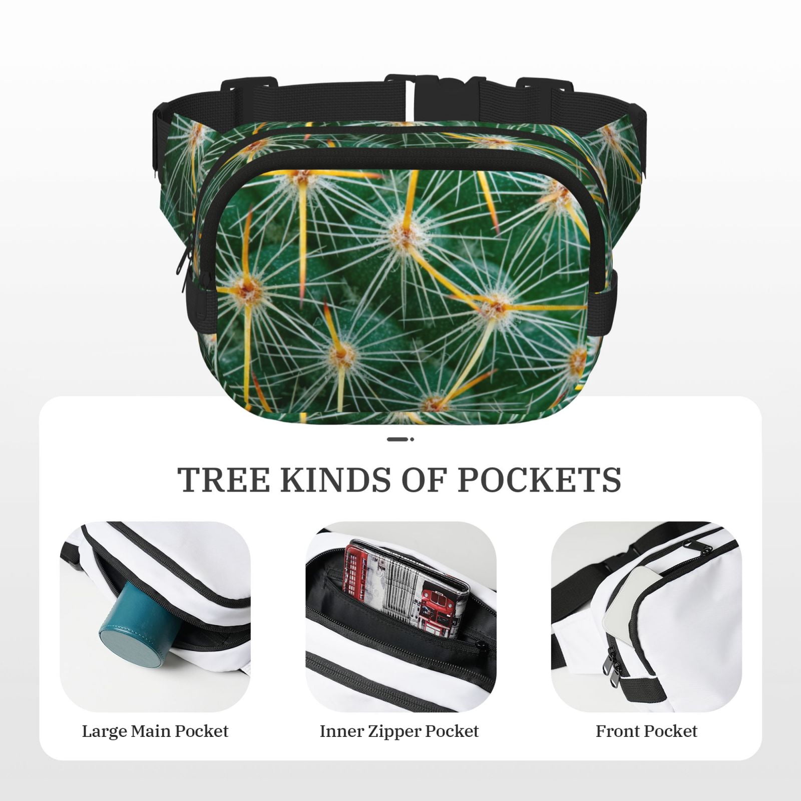 Picia Thorns Of Macro Cactus Print Square Double-Layer Waist Bag Mini Adjustable Waist Belt Bag Exercise Running Travel Hiking